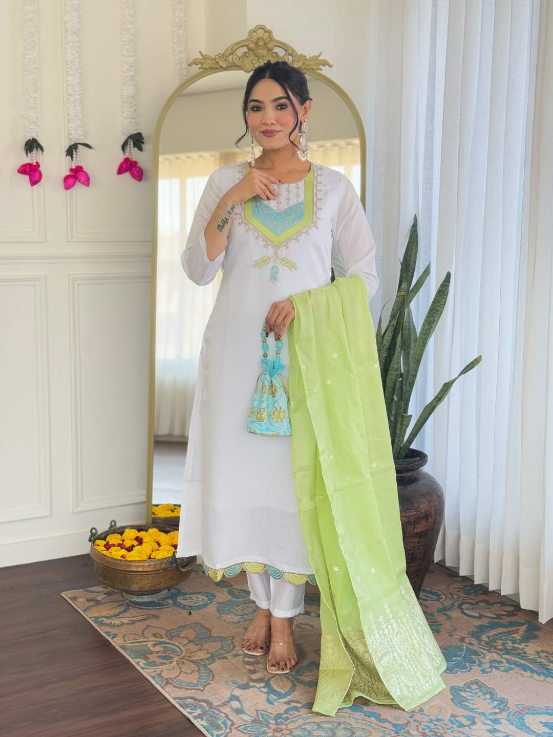 White Embroidery Viscose Chanderi Kurta Set