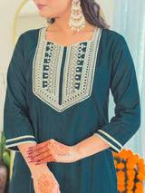 Dark Teal Thread Bsy Viscose Kurta Set with Dupatta Square Neck