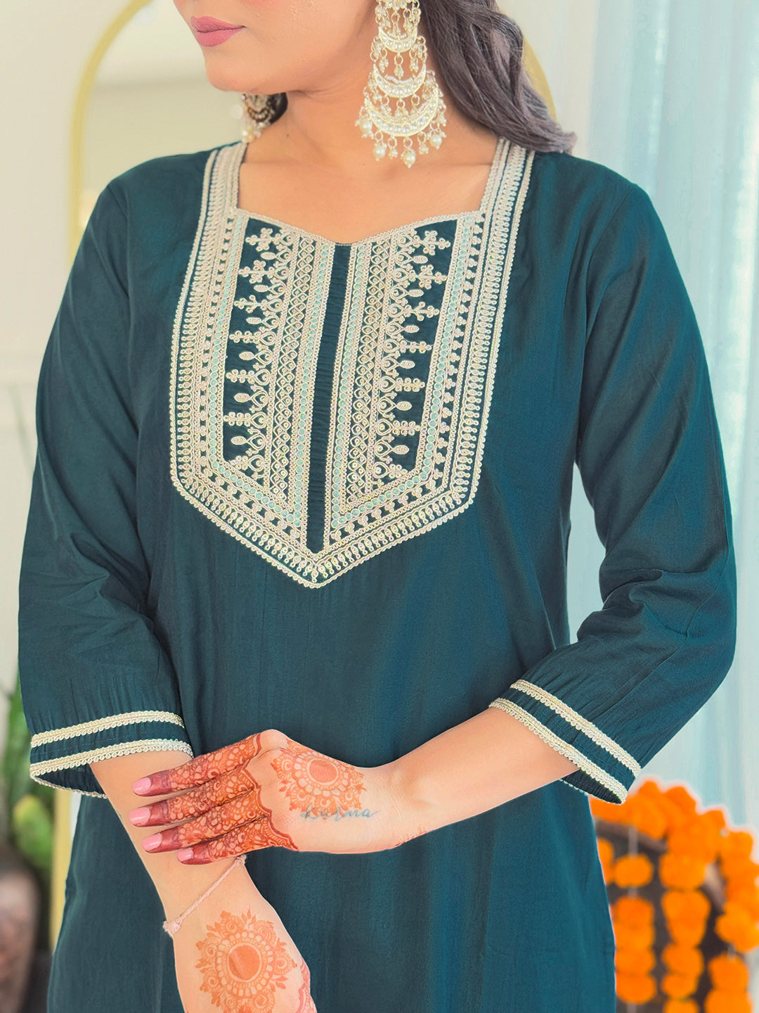 Dark Teal Thread Bsy Viscose Kurta Set with Dupatta Square Neck