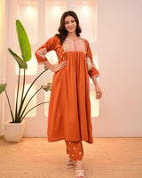 Rust Orange Thread Viscose Rayon Kurta Set with Dupatta