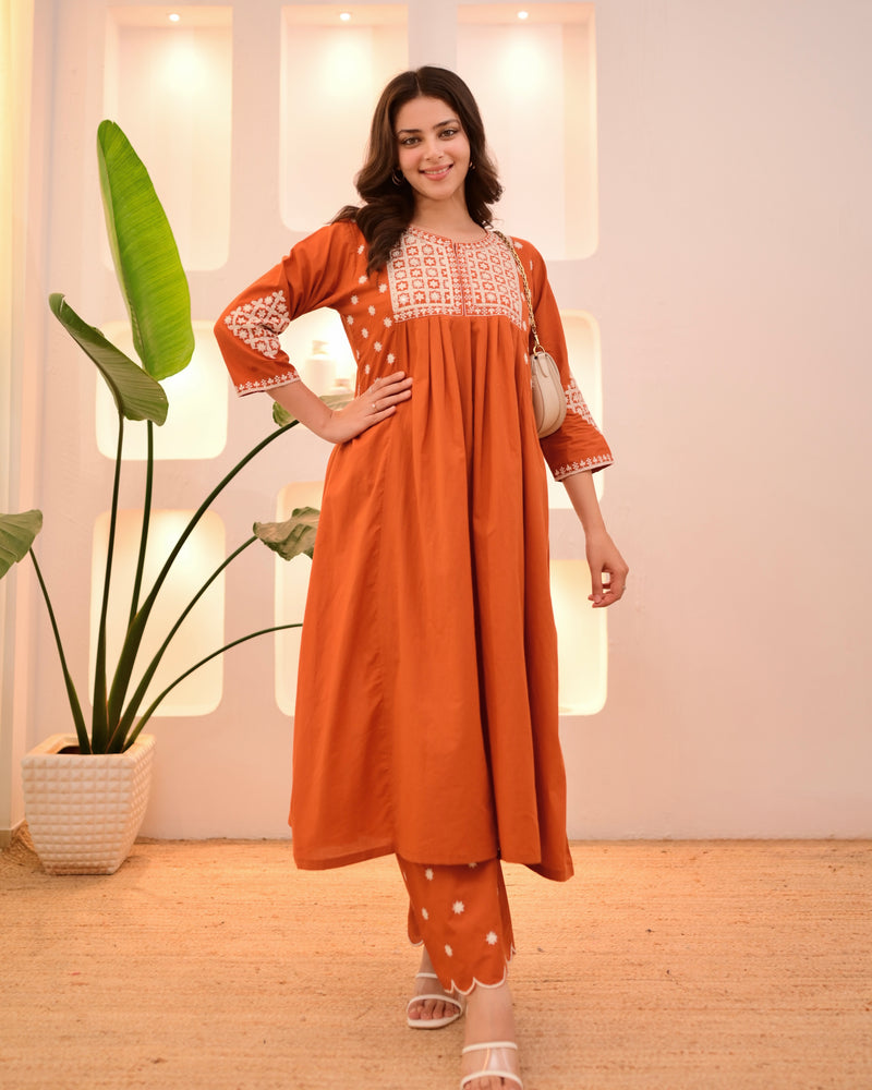 Rust Orange Thread Viscose Rayon Kurta Set with Dupatta