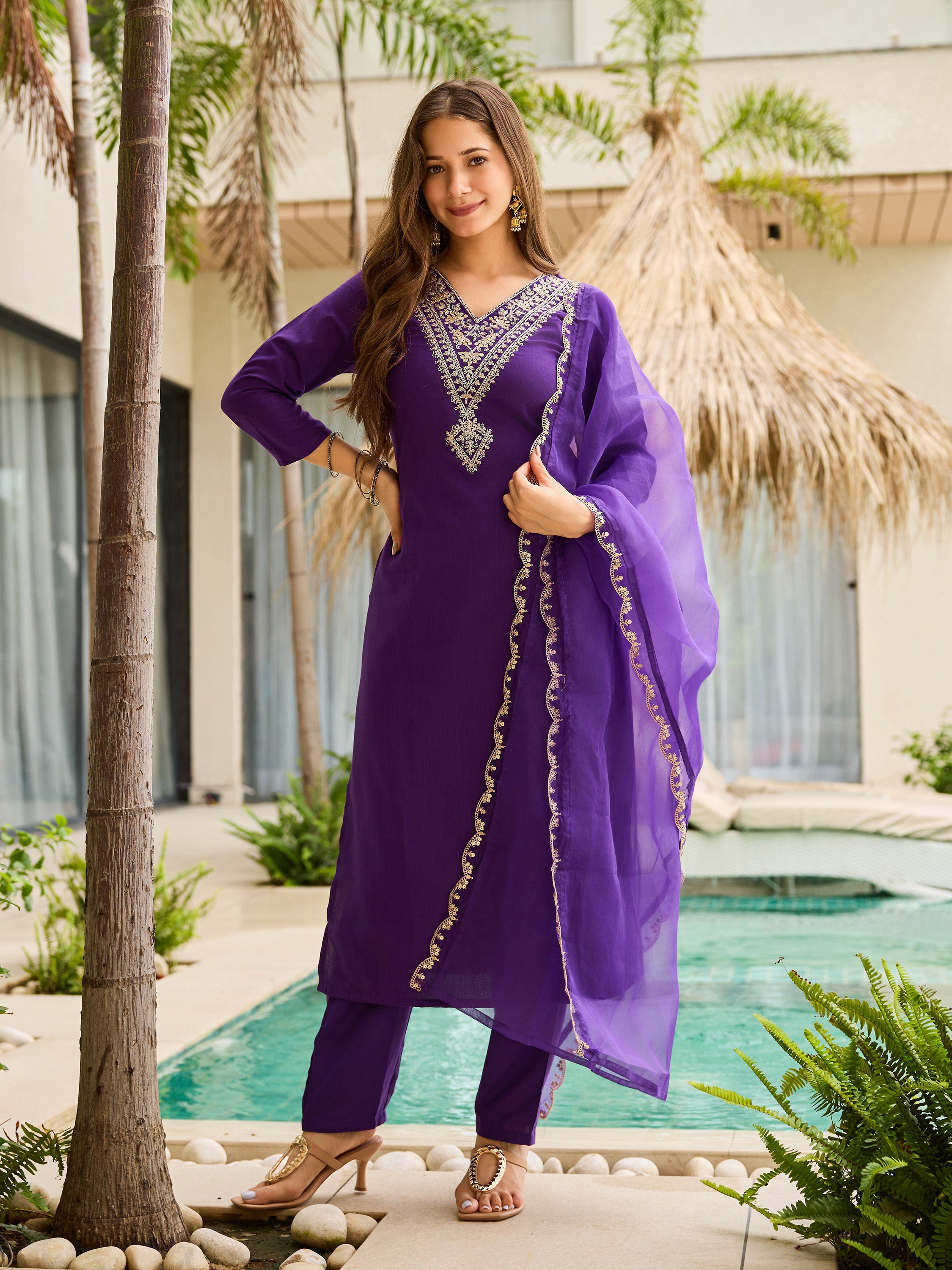 Purple Thread Rayon Slub Kurta Set with Dupatta V-Neck