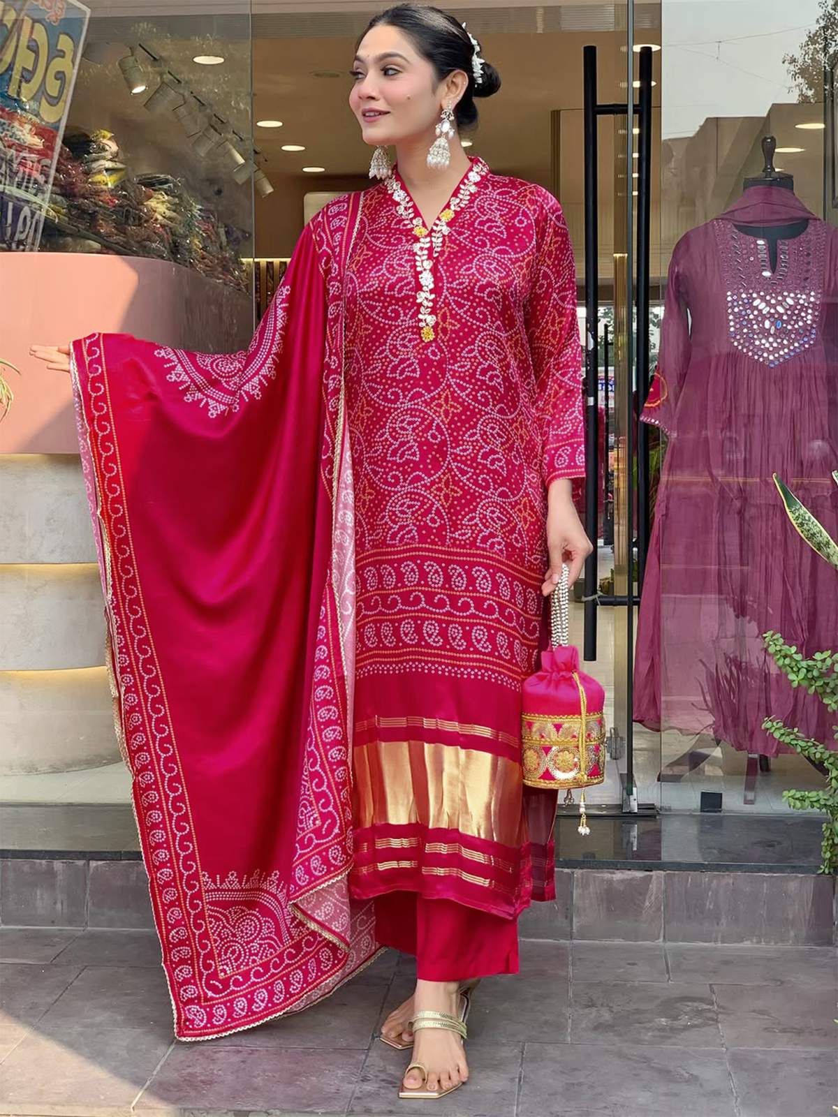 Navy Hand Printed With Embroidery Viscose Silk Kurta Set
