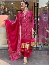 Navy Hand Printed With Embroidery Viscose Silk Kurta Set
