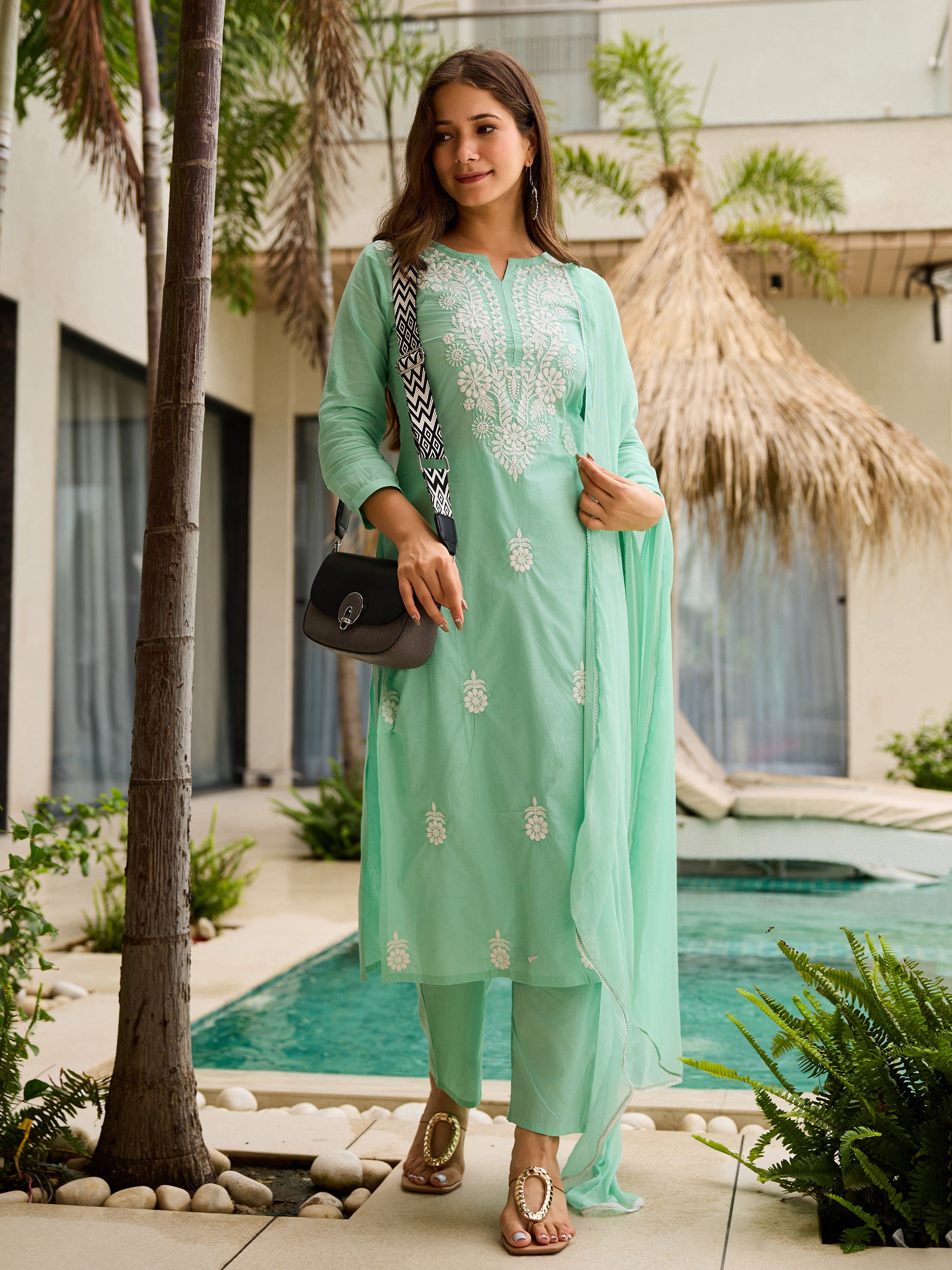 Mint Green Chikankari, Thread Cotton Kurta Set with Dupatta