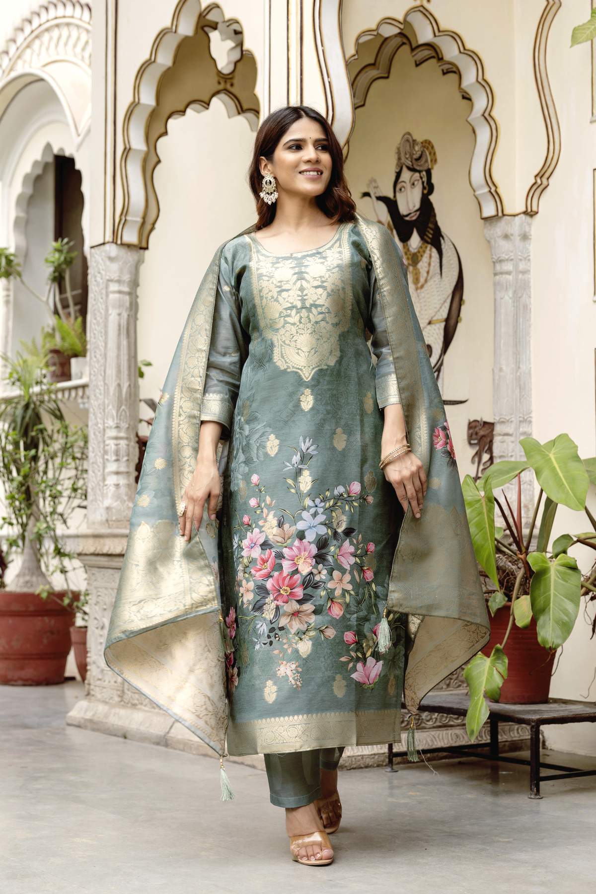 Grey Printed Woven Design Chanderi Cotton Kurta Set
