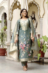 Grey Printed Woven Design Chanderi Cotton Kurta Set