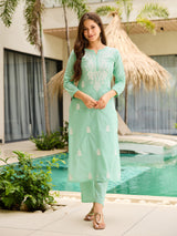 Mint Green Chikankari, Thread Cotton Kurta Set with Dupatta