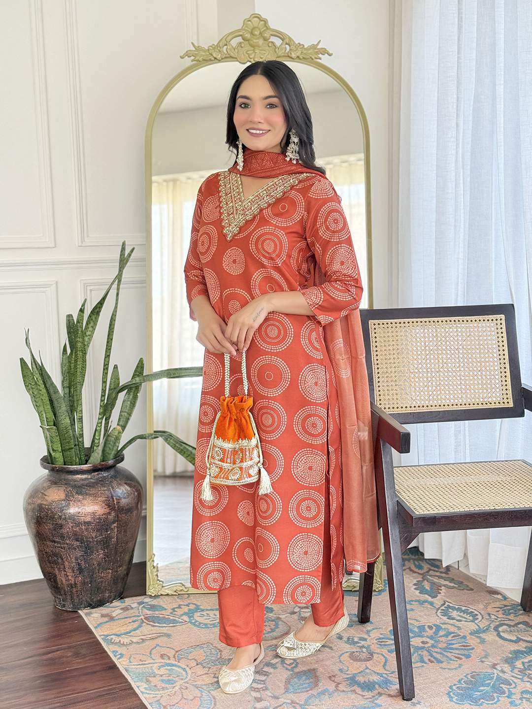 Orange Embroidery Rayon Kurta Set