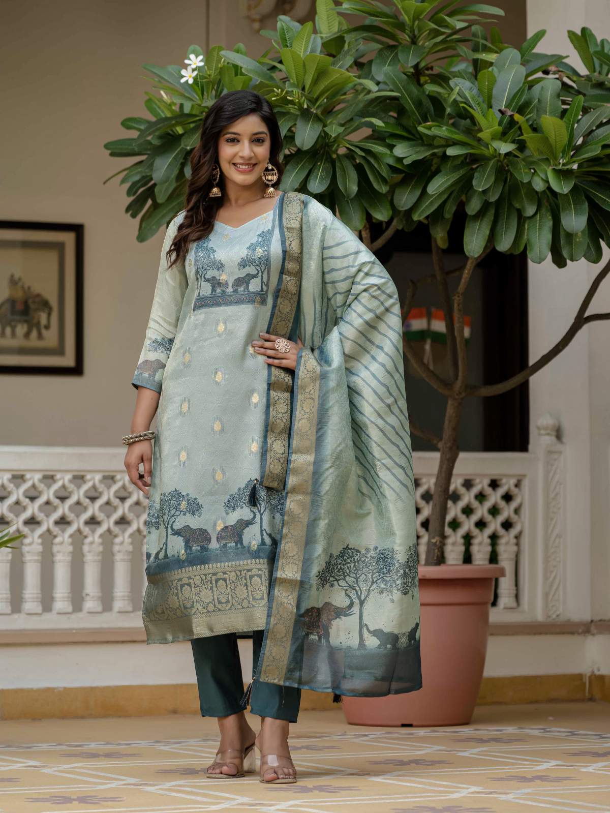 Blue Printed Jacquard Silk With Cotton Lining Kurta Set