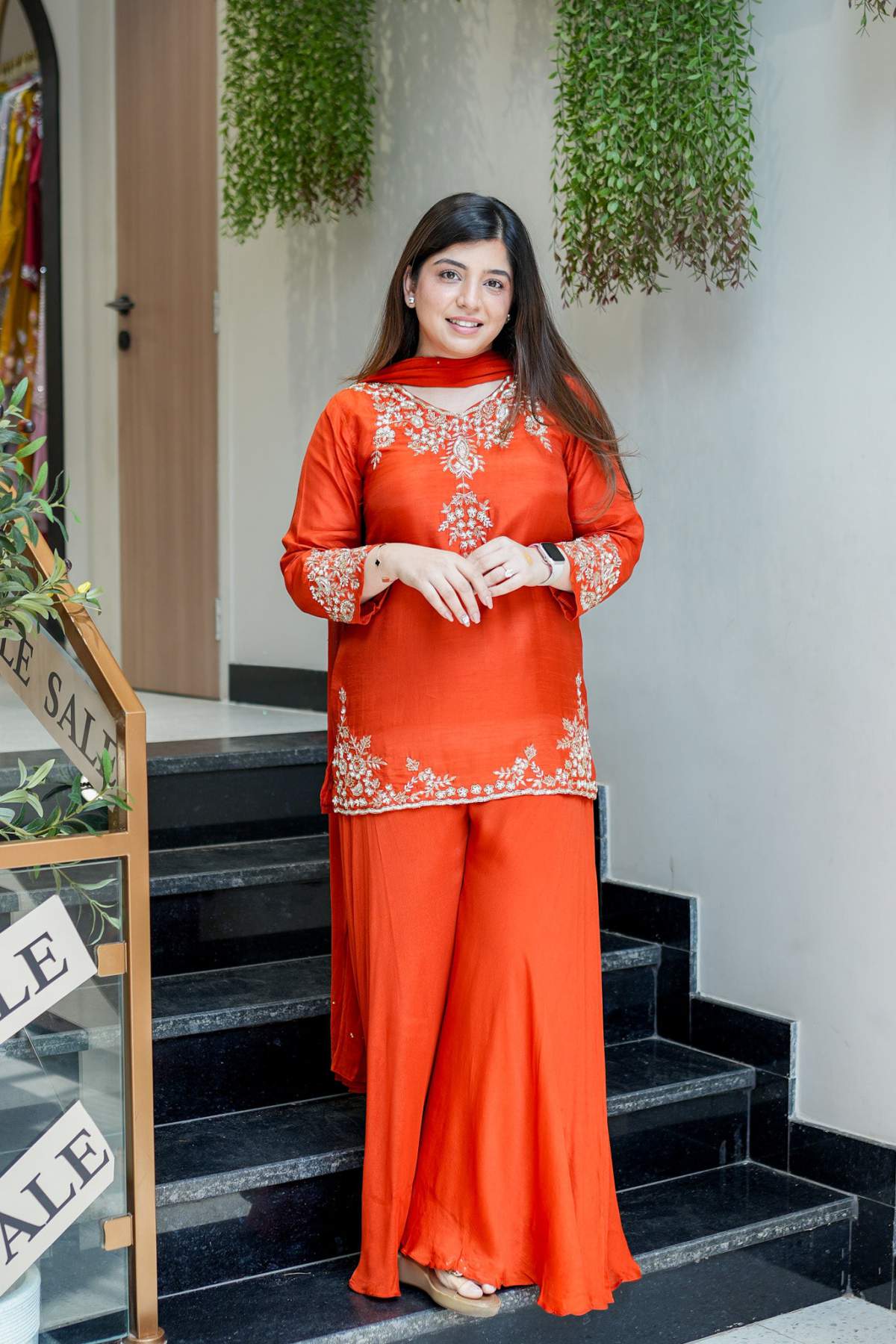 Orange Embroidared Natural Crepe (top Lebgth-31) Kurta Set