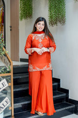 Orange Embroidared Natural Crepe (top Lebgth-31) Kurta Set
