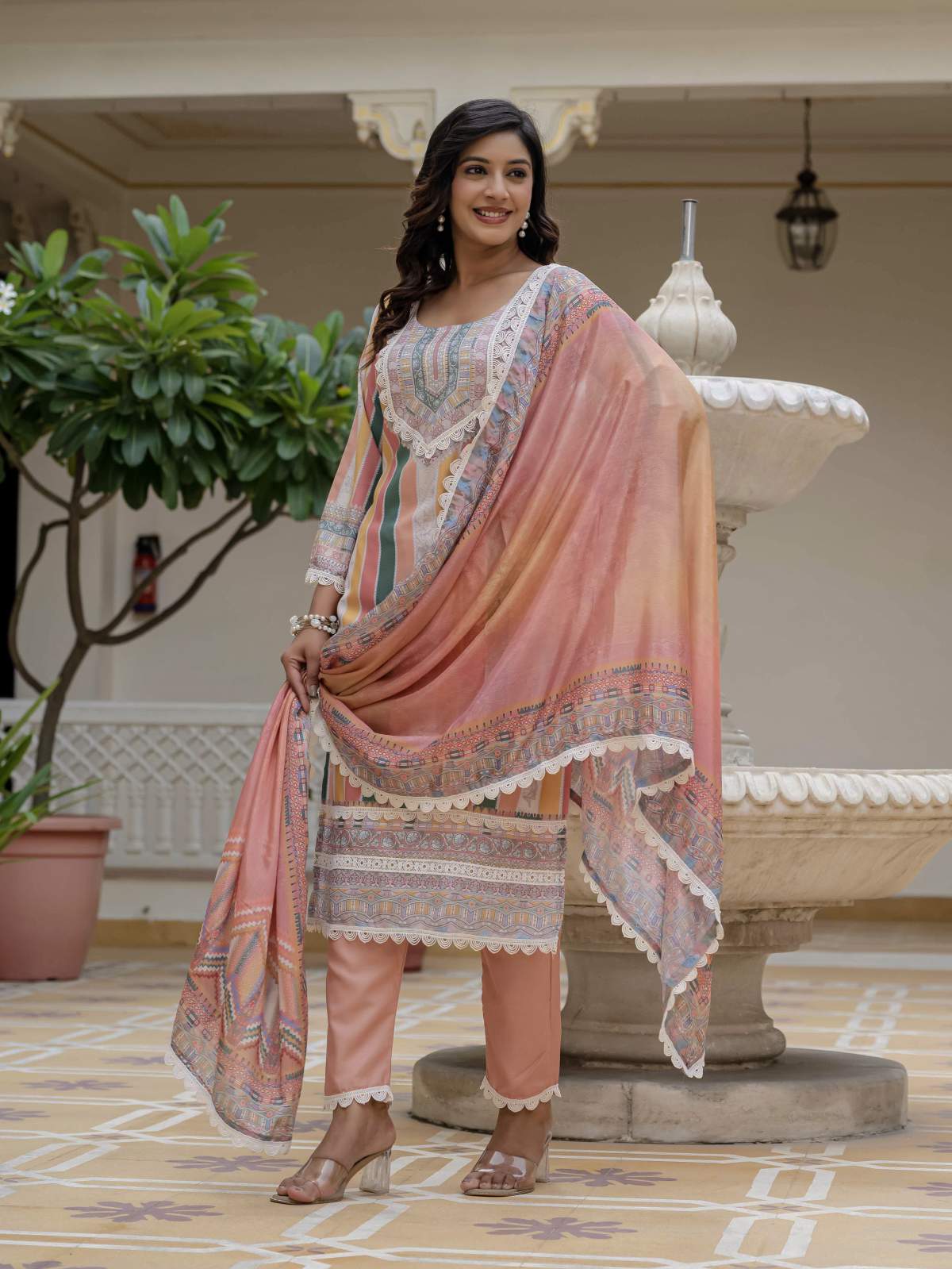 Orange Embroidery Rayon Slub Kurta Set