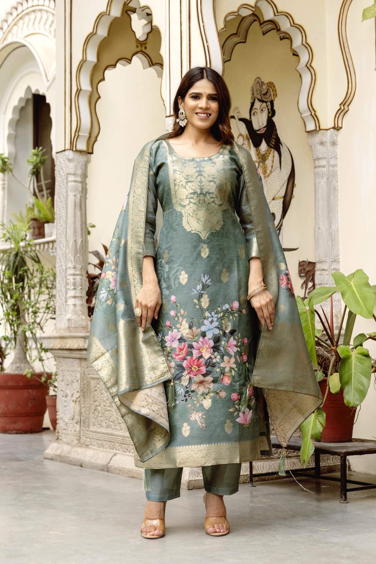 Grey Printed Woven Design Chanderi Cotton Kurta Set