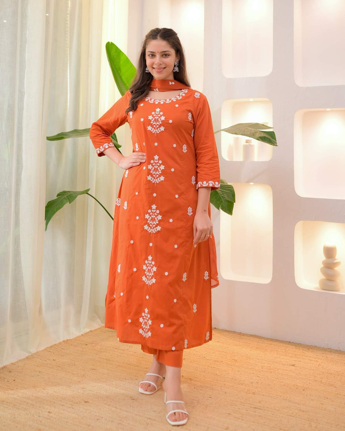 Orange Embroidared Rayon Slub Kurta Set