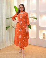 Orange Embroidared Rayon Slub Kurta Set