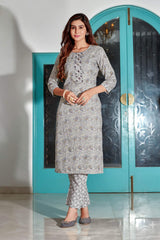 Grey Digital Print With Hand Work Cotton Blend Kurta Set