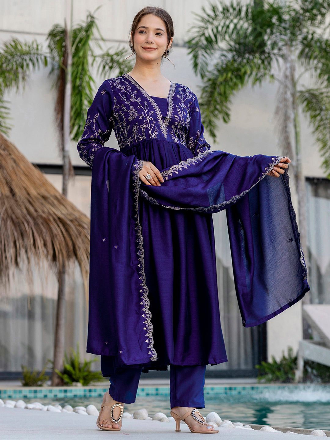 Blue Embroidery Vichitra Silk Kurta Set