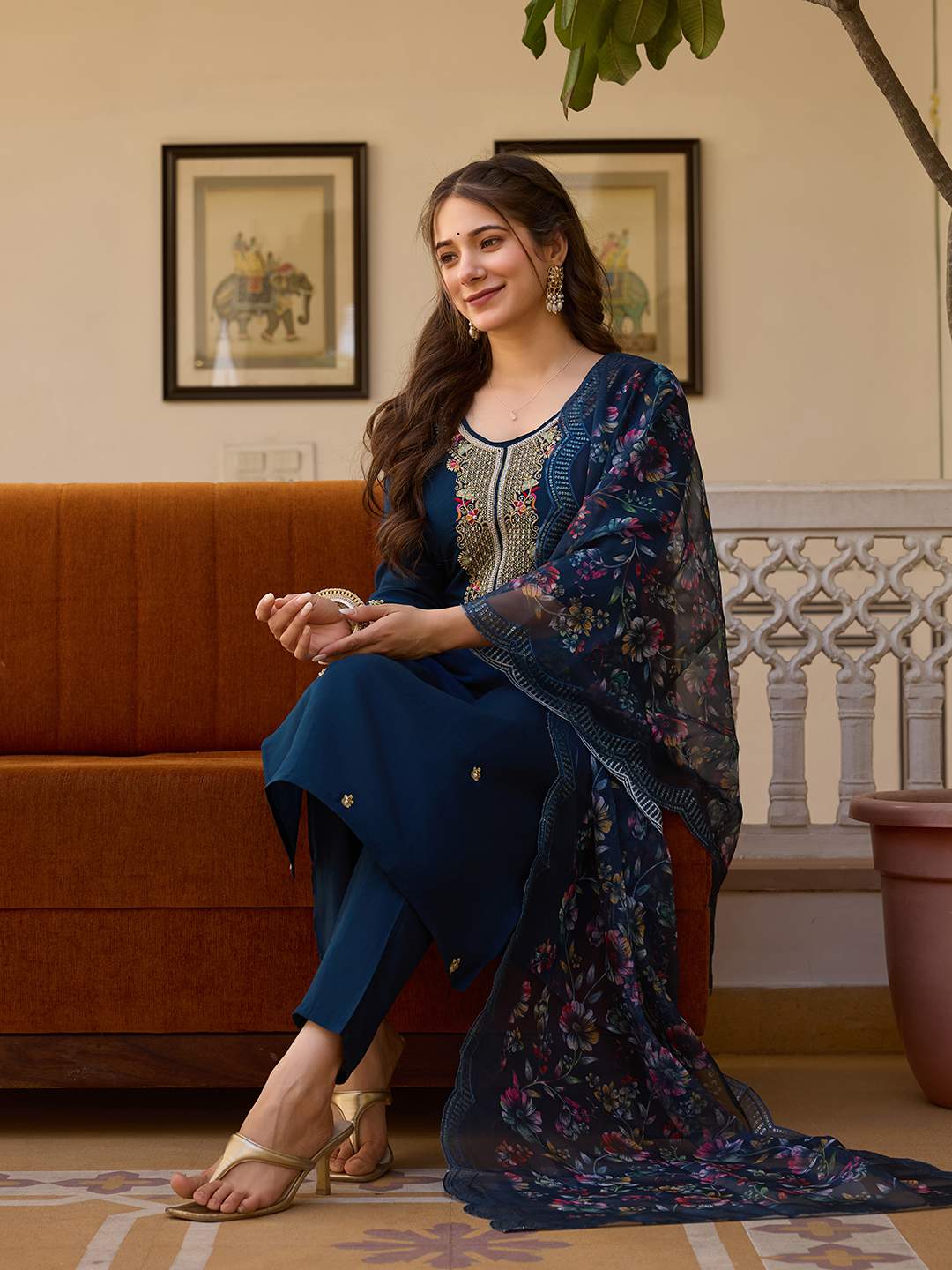 Embroidared Beads Viscose Chanderi Kurta Set