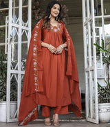 Orange Embroidared Soft Rayon Slub Kurta Set