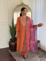 Orange Embroidery Rayon Kurta Set