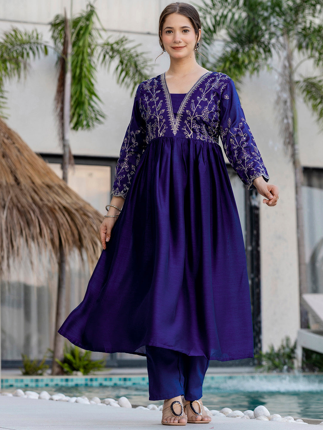 Blue Embroidery Vichitra Silk Kurta Set