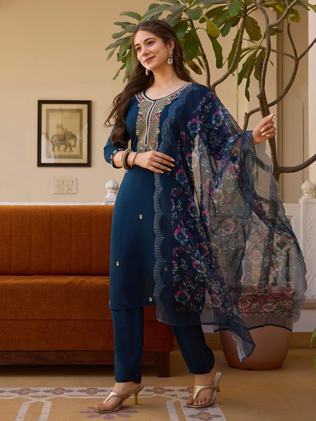 Embroidared Beads Viscose Chanderi Kurta Set