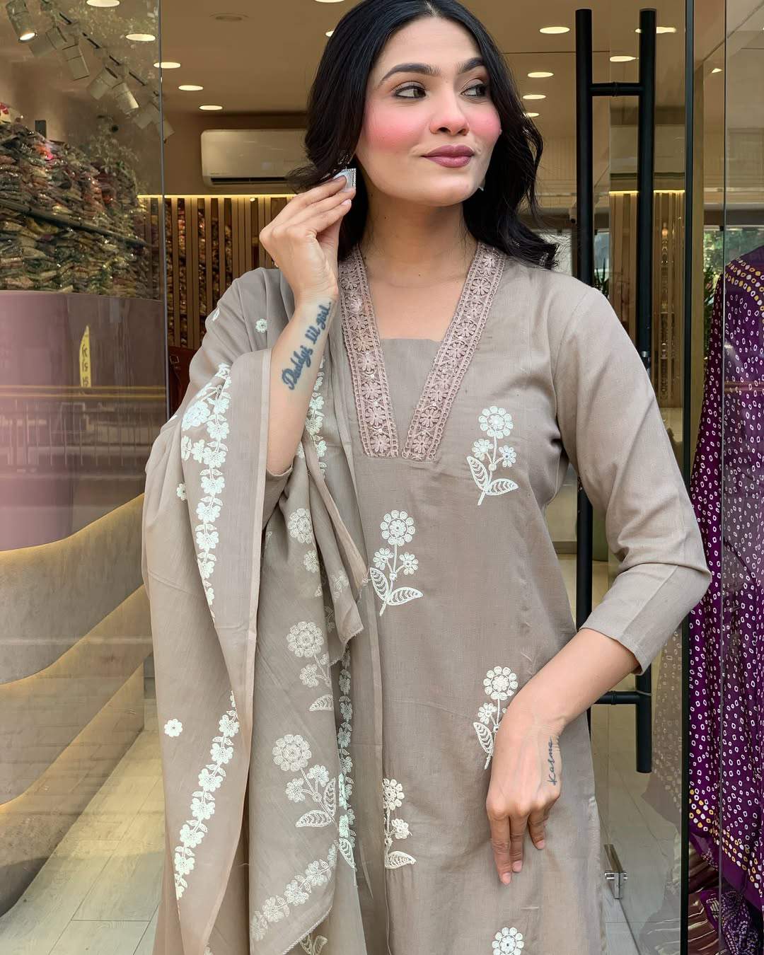 Cream Embroidared Cottan Kurta Set
