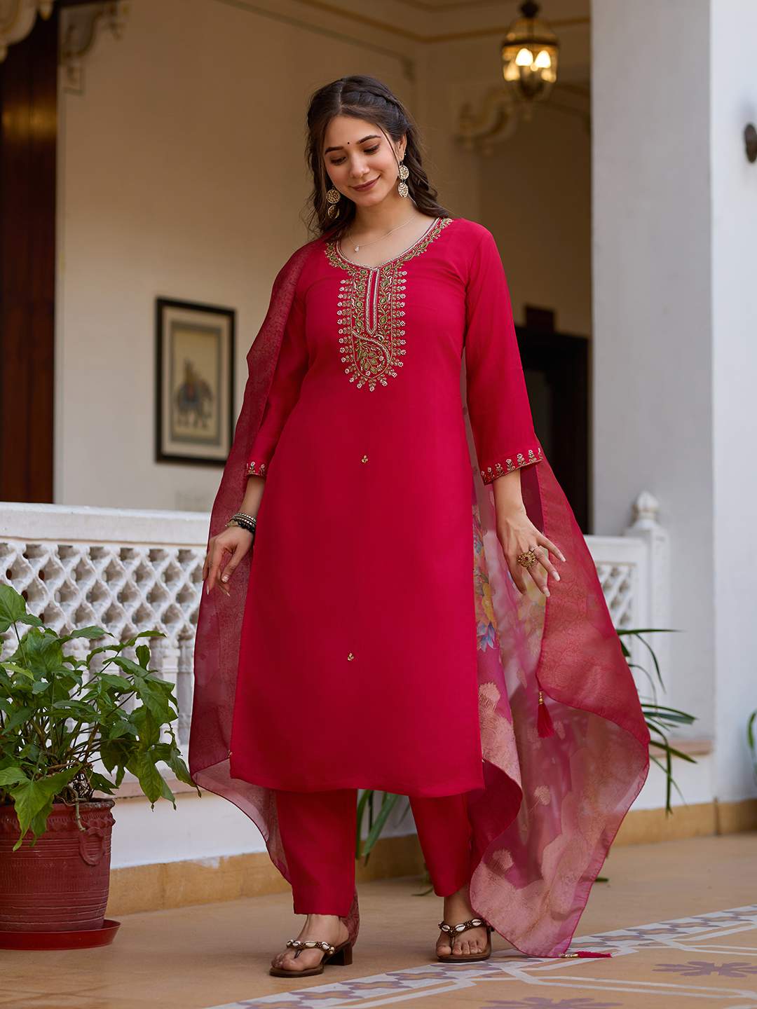 Embroidared Beads Viscose Chanderi Kurta Set