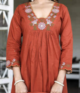 Orange Embroidared Soft Rayon Slub Kurta Set