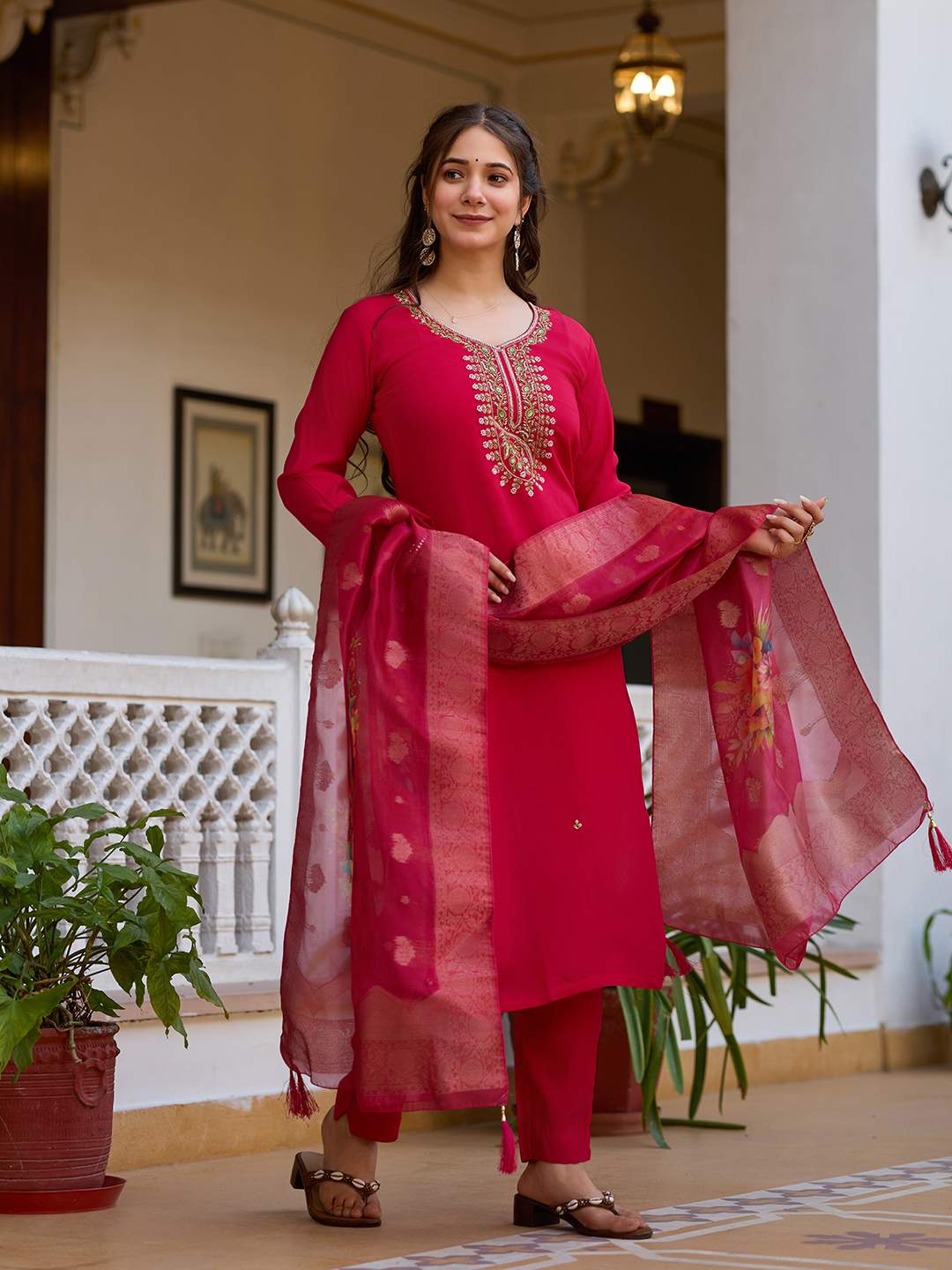 Embroidared Beads Viscose Chanderi Kurta Set