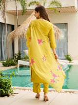 Lime Green Thread Rayon Slub Kurta Set with Dupatta V-Neck