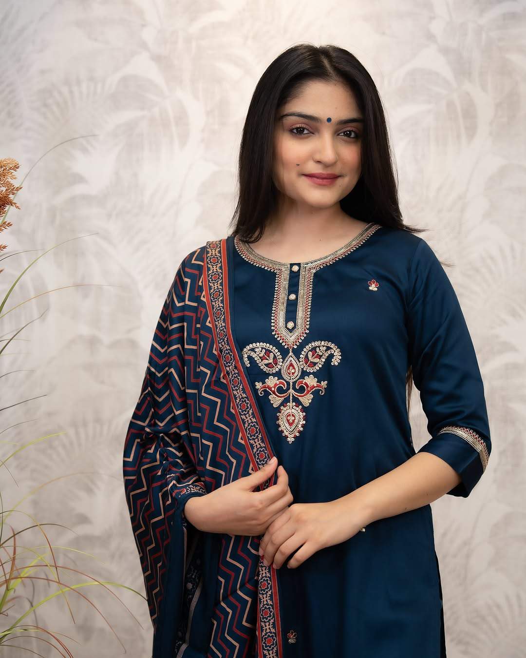 Hand Printed With Embroidery Chanderi Silk Kurta Set