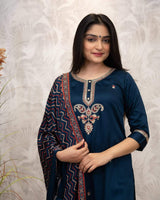 Hand Printed With Embroidery Chanderi Silk Kurta Set