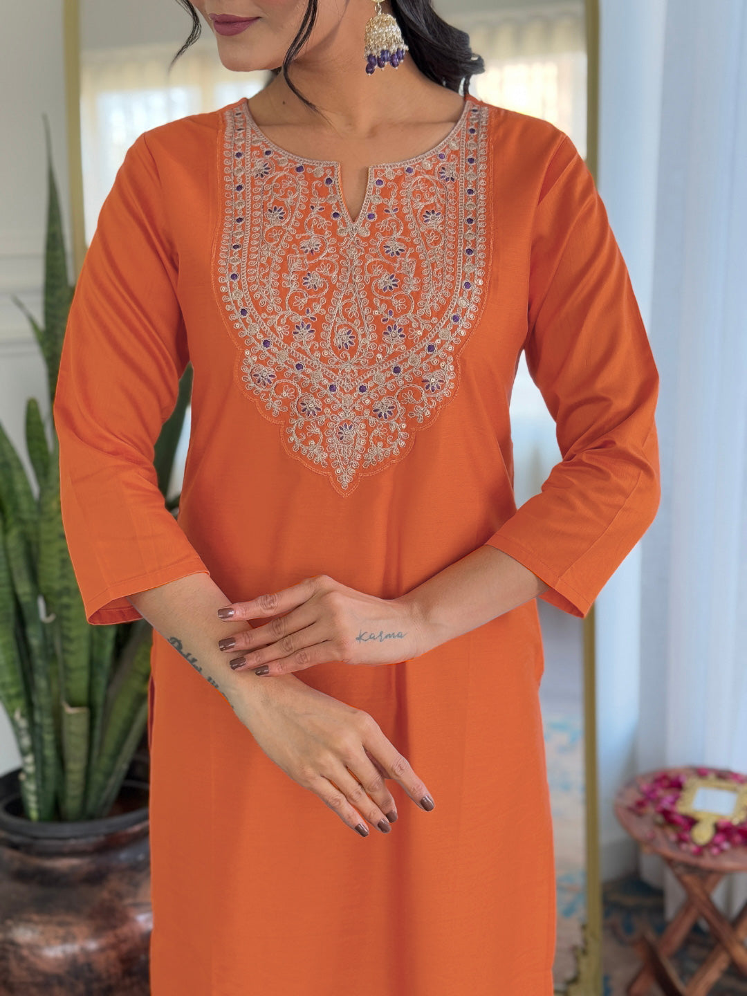 Orange Embroidery Rayon Kurta Set