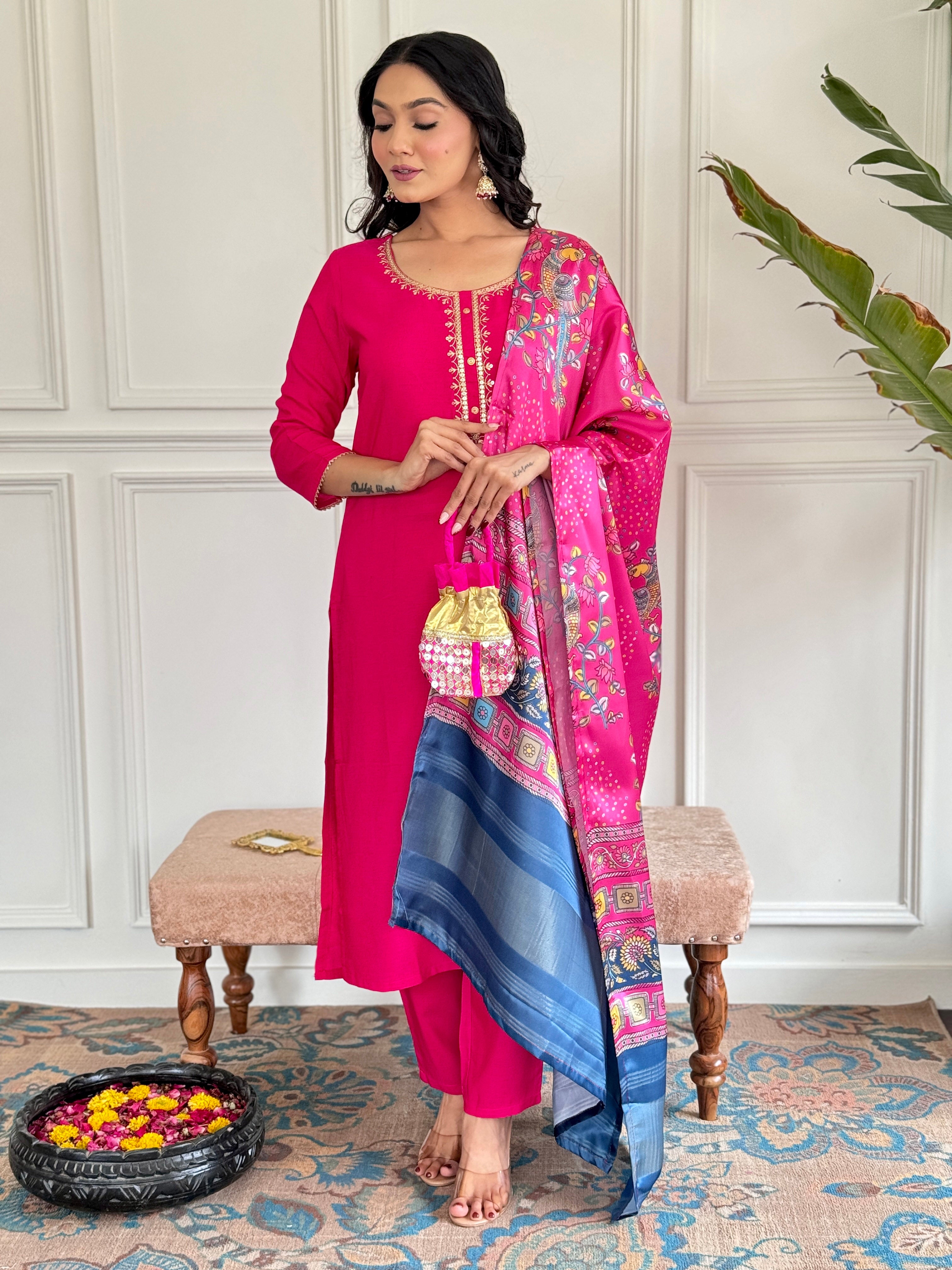 Hot Pink Thread Viscose Kurta Set with Dupatta