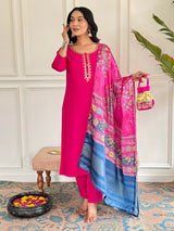 Hot Pink Thread Viscose Kurta Set with Dupatta