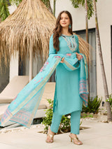 Aqua Blue Thread Viscose Kurta Set with Dupatta