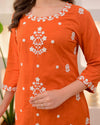 Orange Embroidared Rayon Slub Kurta Set