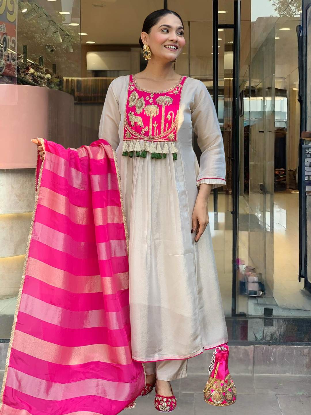 Pink Embroidared Silk Kurta Set