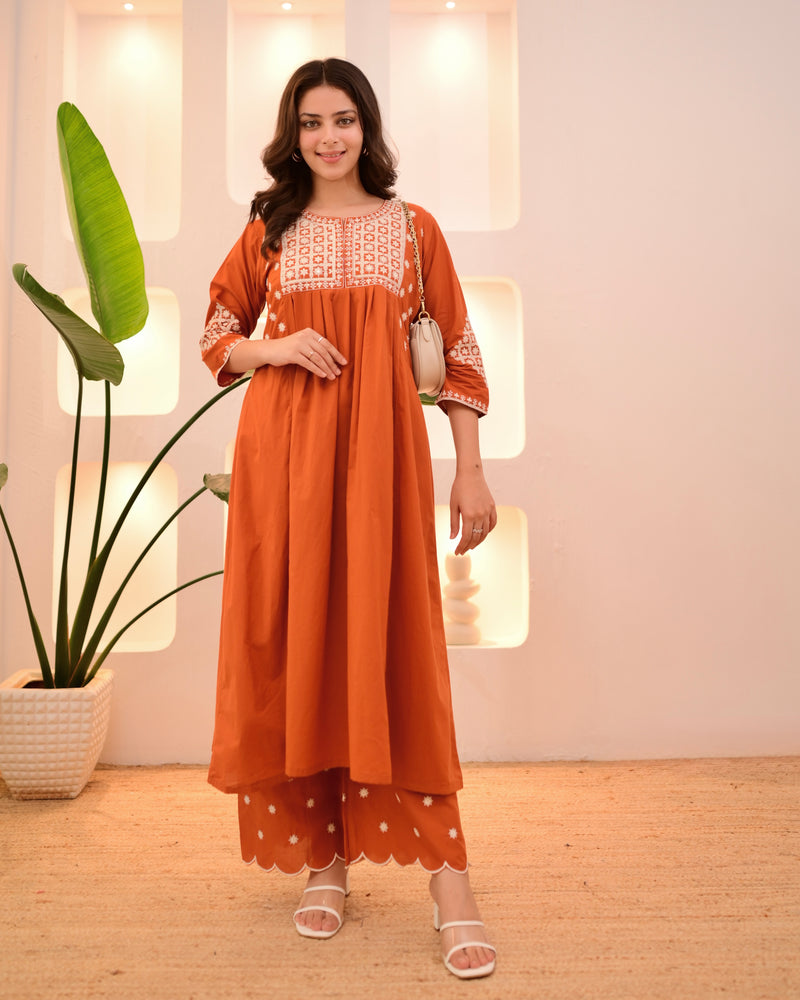 Rust Orange Thread Viscose Rayon Kurta Set with Dupatta