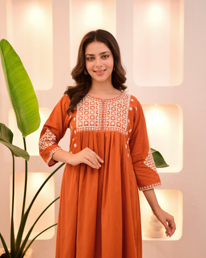 Rust Orange Thread Viscose Rayon Kurta Set with Dupatta