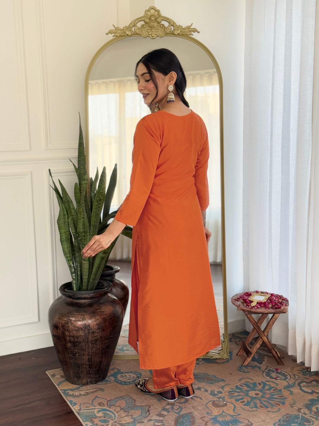 Orange Embroidery Rayon Kurta Set
