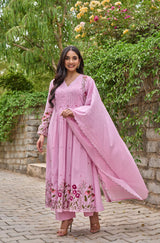 Pink Embroidared + Hand Work Chanderi Silk Kurta Set