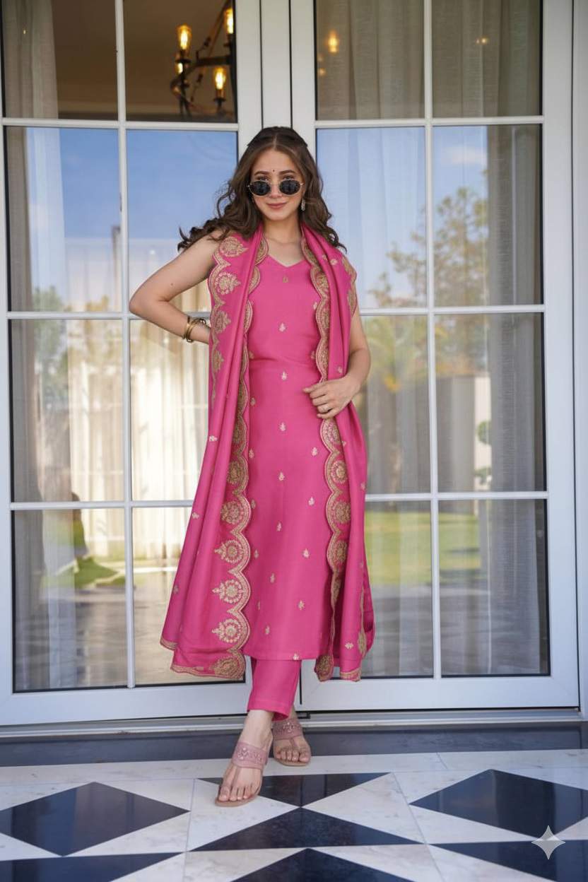 Embroidery Viscose Zari Chanderi Kurta Set