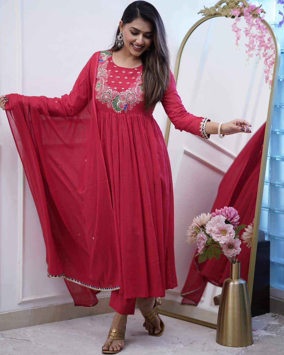 Maroon Embroidery Bsy Chinon Kurta Set