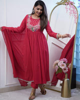 Maroon Embroidery Bsy Chinon Kurta Set