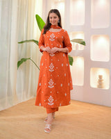 Orange Embroidared Rayon Slub Kurta Set