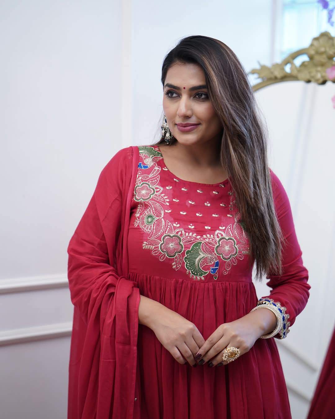 Maroon Embroidery Bsy Chinon Kurta Set