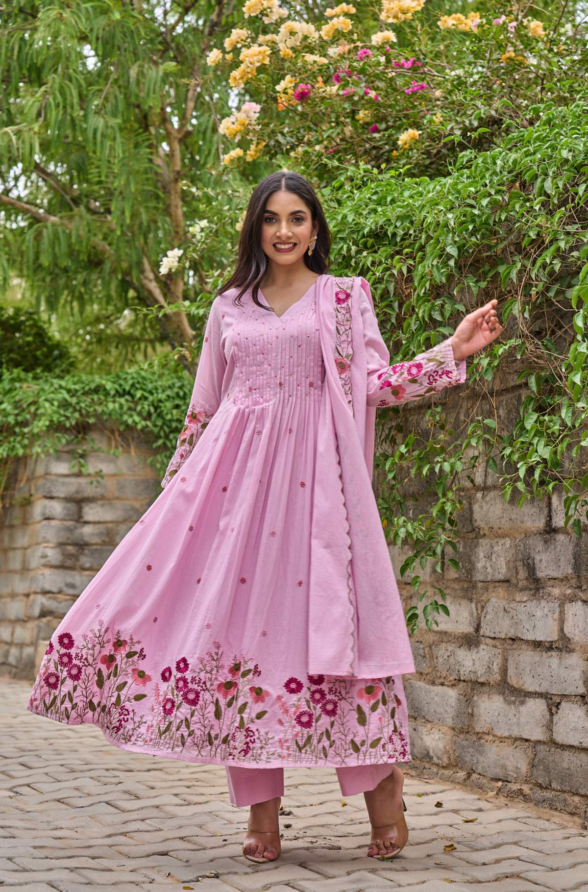 Pink Embroidared + Hand Work Chanderi Silk Kurta Set
